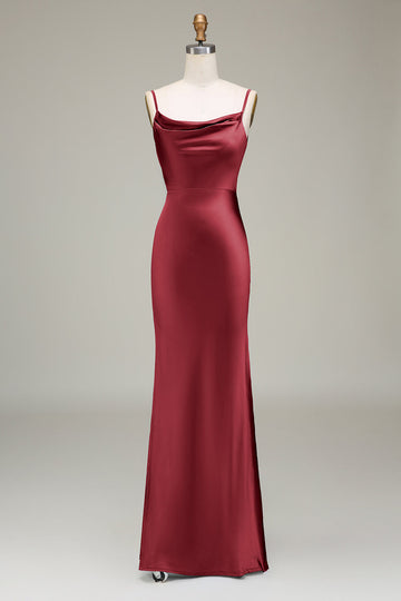ZAPAKA Women Burgundy Satin Long Bridesmaid Dress Sheath Spaghetti Straps Wedding Guest Dress